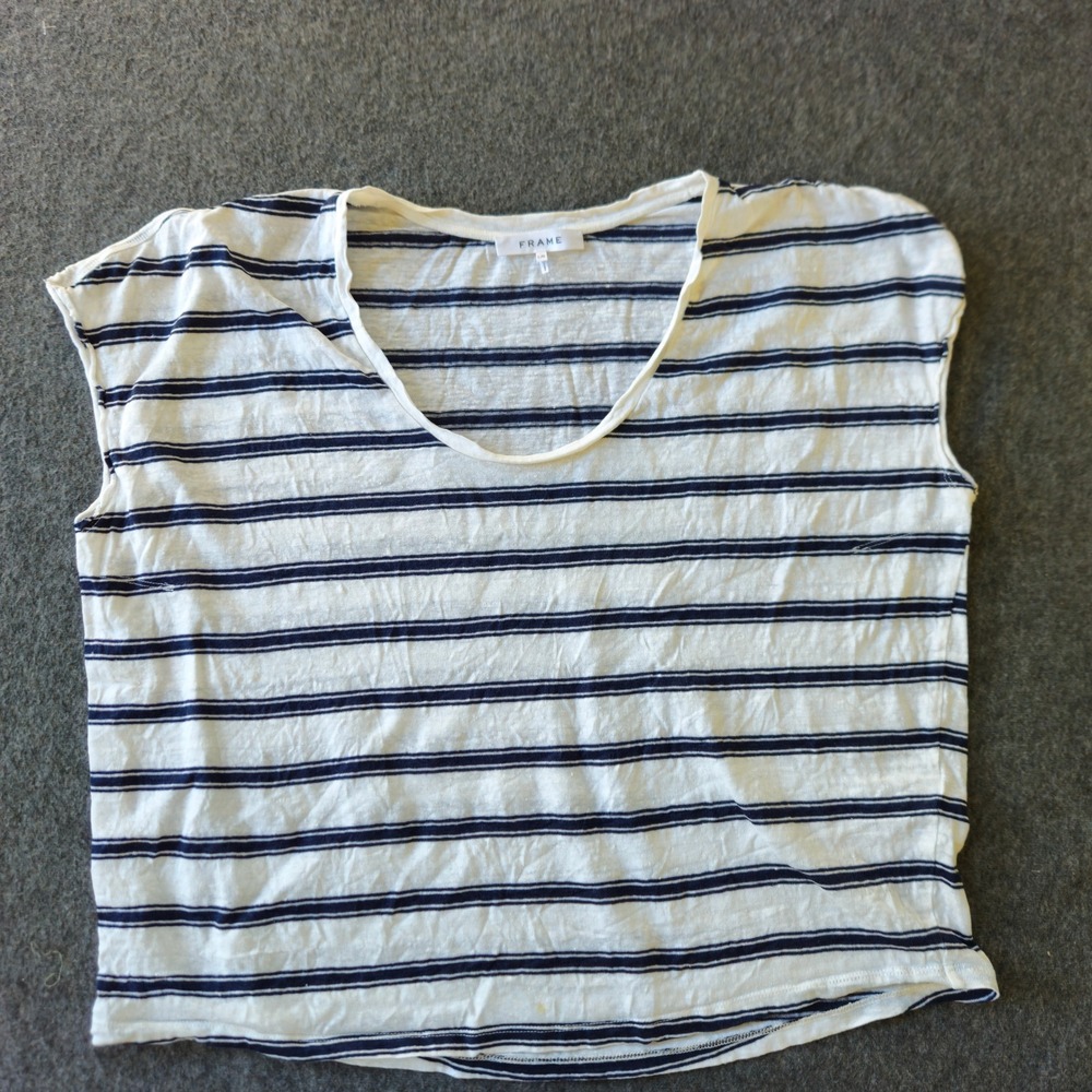 FRAME 100% Organic Linen Boxy Tee Blanc Size Large Nautical‎ Coastal Grandma